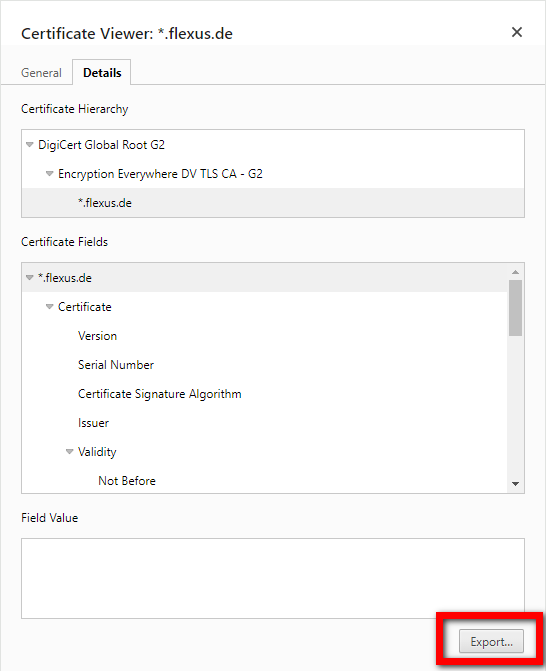 Exporting a certificate in Chrome