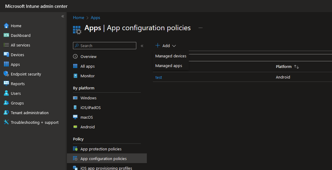 Screenshot of the Intune App Configuration Policy