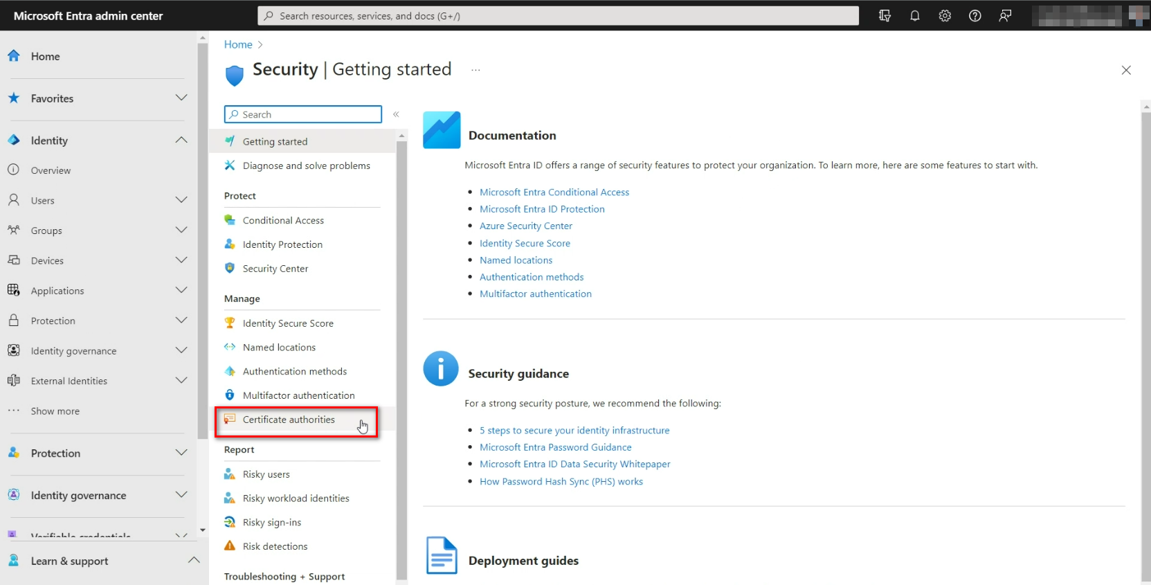 certificate authorities in Microsoft Entra admin center
