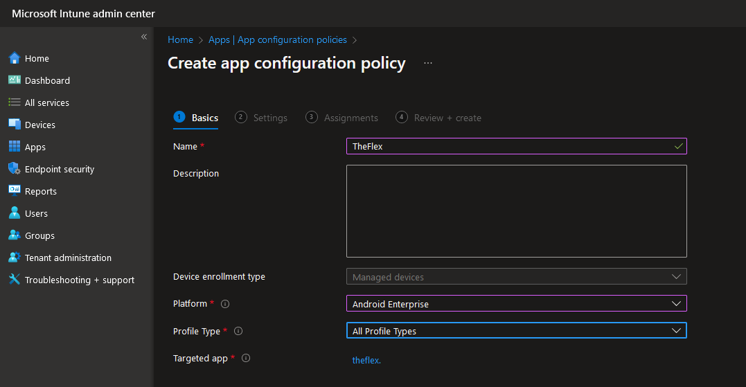 Screenshot der Intune App Configuration Policy