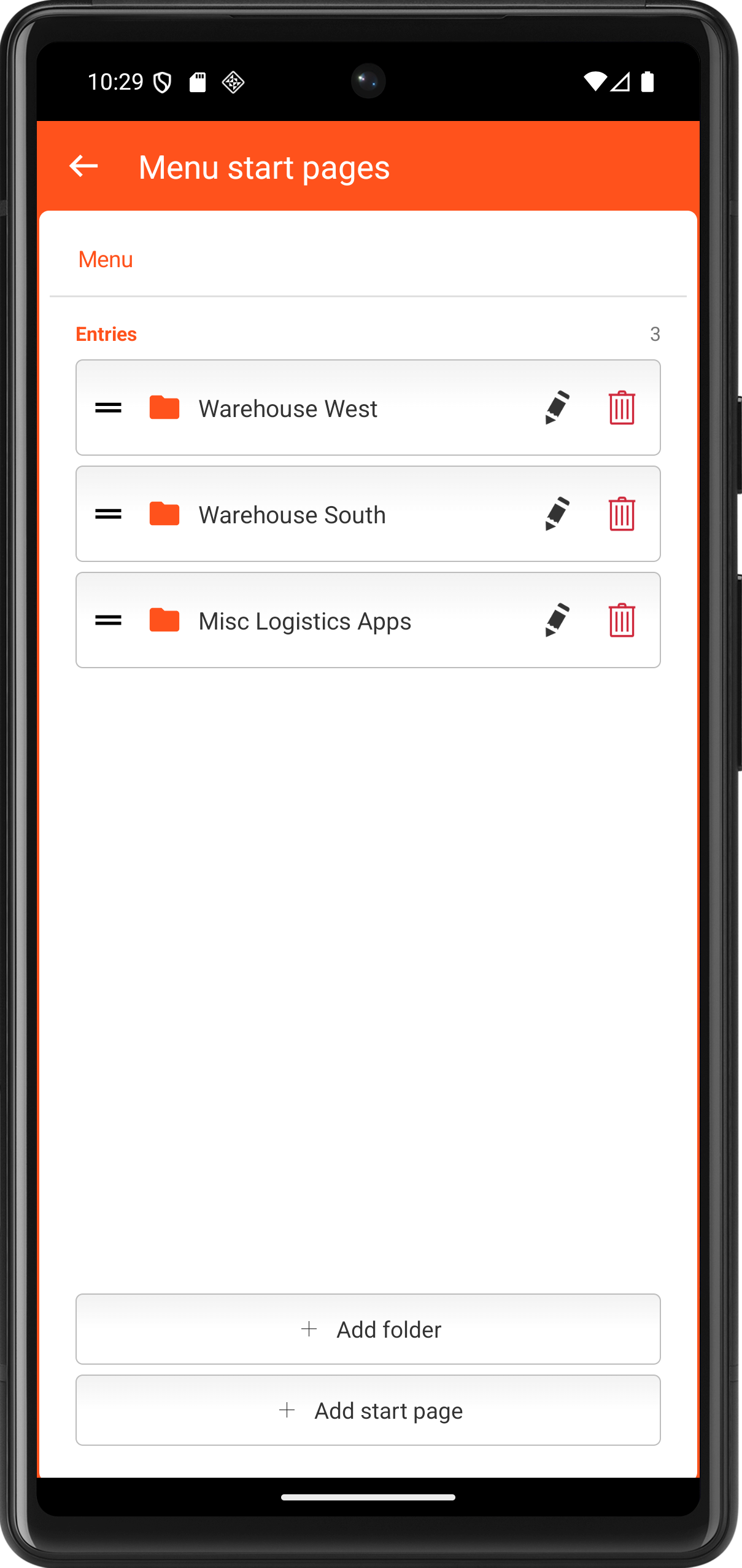 Menu startpages: folder-based navigation showing grouped URLs in TheFlex
